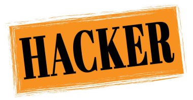 HACKER metni turuncu-siyah dikdörtgen mühür işareti üzerine yazılmış.
