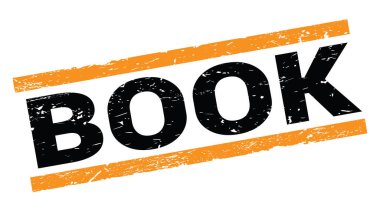 BOOK text written on orange rectangle stamp sign.