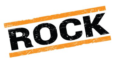 ROCK text written on orange rectangle stamp sign.