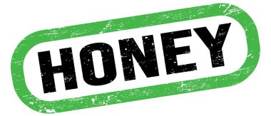 HONEY, text on green-black rectangle stamp sign.