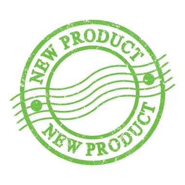 NEW PRODUCT, text written on green grungy postal stamp.
