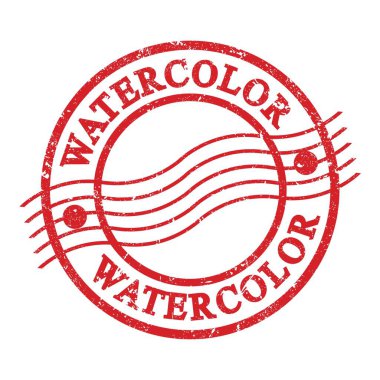 WATERCOLOR, text written on red grungy postal stamp.