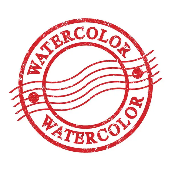 WATERCOLOR, text written on red grungy postal stamp.