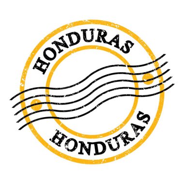 HONDURAS, text written on yellow-black grungy postal stamp.