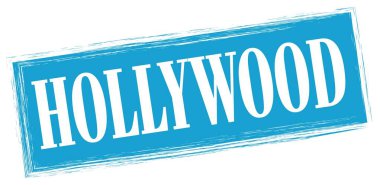 HOLLYWOOD text written on blue rectangle stamp sign.
