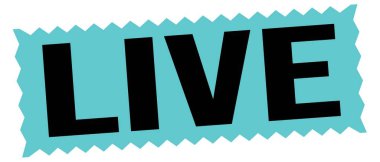LIVE text written on blue-black zig-zag stamp sign.