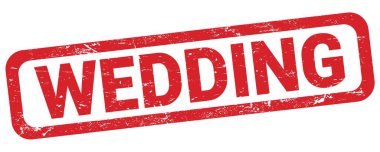 WEDDING text written on red rectangle stamp sign.