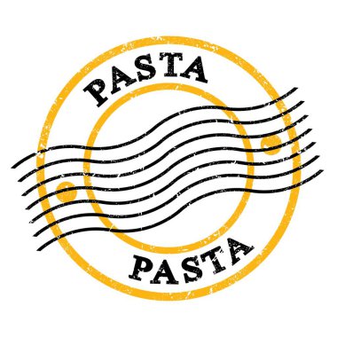 PASTA, text written on yellow-black grungy postal stamp.