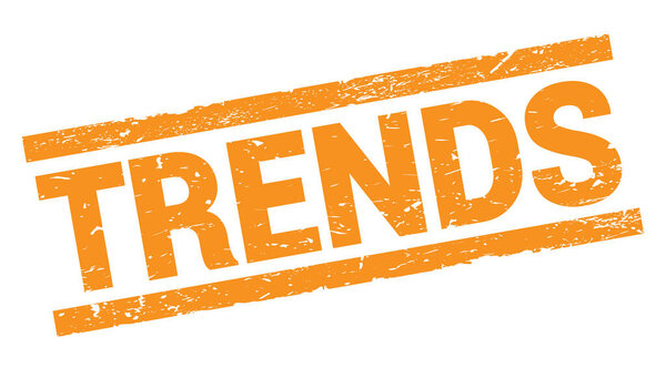 TRENDS text written on orange rectangle stamp sign.