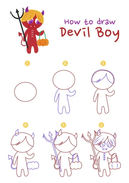 Jak Narysować Halloween Diabeł Chłopiec Wektor Ilustracji Narysuj Halloween Diabeł — Wektor stockowy