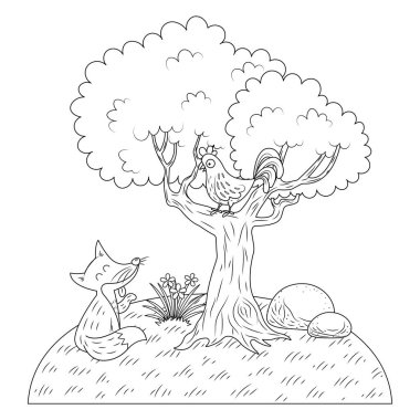 Hikaye kitabı için horoz ve tilki resmi. Ezop 'un masal çizimi. Peri masalı ve kitap için güzel bir çizim.. 