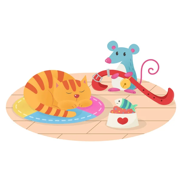 Belling Cat Picture Story Book Aesop Fable Illustration Cute Illustration — Vector de stock