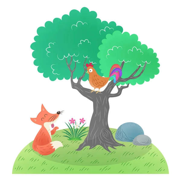 Cock Fox Picture Story Book Aesop Fable Illustration Cute Illustration — Stock Vector