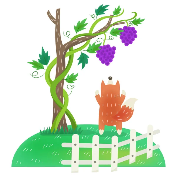 Fox Grapes Picture Story Book Aesop Fable Illustration Cute Illustration — 스톡 벡터