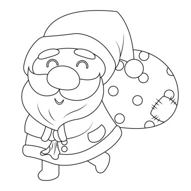 Beyaz arka planda izole edilmiş şirin Noel Baba vektör çizimi. Hediye çantası taşıyan sevimli Noel Baba..