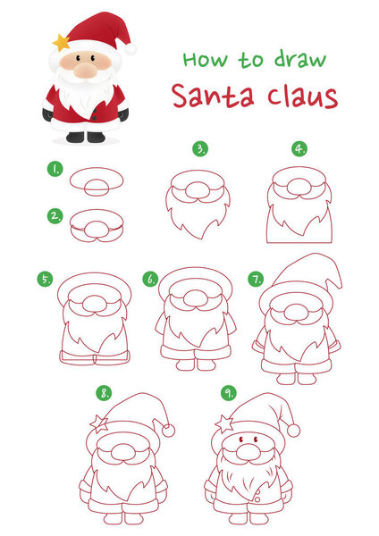 Как нарисовать векторную иллюстрацию маленького Санта Клауса. Нарисуй маленького Санта Клауса шаг за шагом. Симпатичное и легкое руководство по рисованию.