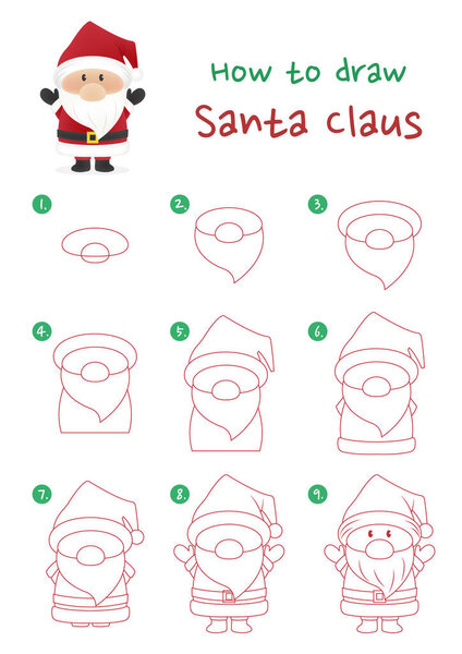 Как нарисовать счастливую векторную иллюстрацию Санта Клауса. Нарисуйте счастливого Санта-Клауса шаг за шагом. Симпатичное и легкое руководство по рисованию.