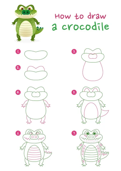 Come Disegnare Illustrazione Vettoriale Coccodrillo Disegna Alligatore Passo Dopo Passo — Vettoriale Stock
