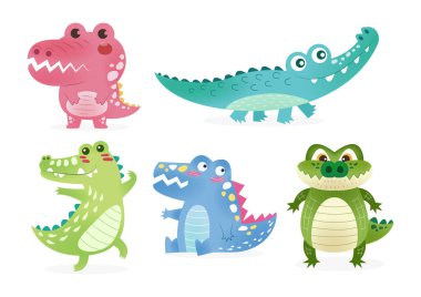 Beyaz zemin üzerinde izole edilmiş timsah ve timsah vektör illüstrasyon çizgi filmi seti. 