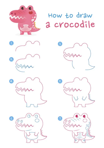 Jak Narysować Ilustrację Wektora Krokodyla Narysuj Aligator Krok Kroku Cute — Wektor stockowy