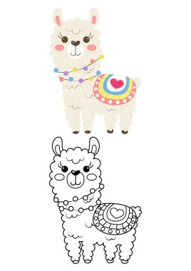 Beyaz arkaplanda izole edilmiş sevimli vektör çizimi. Alpaca vektörü renkli ve renksiz. Çocuklar için sevimli boyama sayfası. 