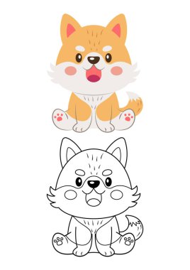 Beyaz arka planda izole edilmiş köpek sevimli vektör illüstrasyon çizgi filmi. Yavru köpek vektörü renkli ve renksiz. Çocuklar için sevimli boyama sayfası. 