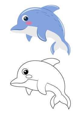 Beyaz arkaplanda izole edilmiş yunus şirin vektör çizimi. Yunus vektörü renkli ve renksiz. Çocuklar için sevimli boyama sayfası. 