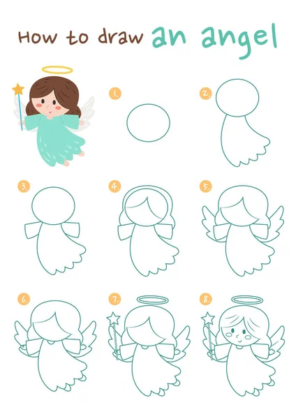 Wie Man Eine Engelvektorillustration Zeichnet Zeichne Einen Engel Schritt Für — Stockvektor