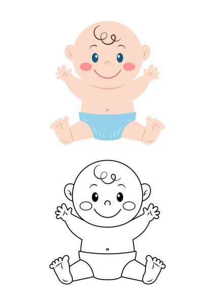 白い背景に隔離された赤ちゃんかわいいベクトルイラスト漫画 ベクトル色と無色の赤ちゃん 子供のためのかわいい着色ページ — ストックベクタ