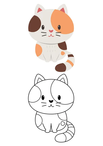 白い背景に隔離された猫のかわいいベクターのイラスト漫画 猫のベクター色と無色 子供のためのかわいい着色のページ — ストックベクタ