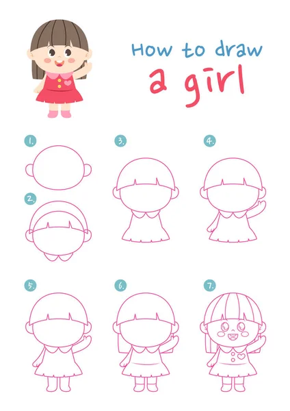 Πώς Σχεδιάσετε Ένα Κορίτσι Διανυσματική Απεικόνιση Ζωγράφισε Ένα Κορίτσι Βήμα — Διανυσματικό Αρχείο