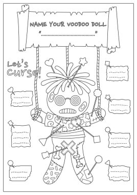 Lanetli vudu bebeği boyama sayfası. Çocuk ve yetişkin için boyama kitabı. Renk, isim ve lanet yaz. Vudu bebeğin..