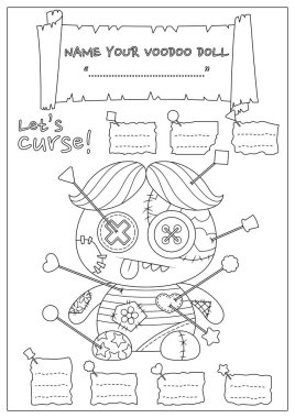 Lanetli vudu bebeği boyama sayfası. Çocuk ve yetişkin için boyama kitabı. Renk, isim ve lanet yaz. Vudu bebeğin..