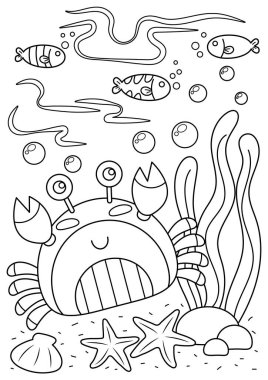 Çocuklar ve yetişkinler için sevimli hayvan boyama sayfası. Rahatlama ve farkındalık pratiği için boyama sayfası. Deniz boyama kitabının altındaki yengeç. Yengeç ve su hayvanları boyama kitabı.