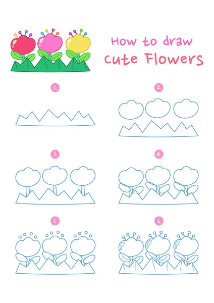 キュートな花ベクターのイラストを描く方法 花と草を一歩ずつ描いていきます かわいい 簡単な図面ガイド ストックベクター