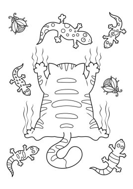 Komik şişman kedi boyama sayfası. Şirin kedi vektör çizimi karikatürü. Duvarda asılı kedi. 