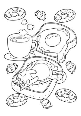 Komik şişman kedi boyama sayfası. Şirin kedi vektör çizimi karikatürü. Kedi ekmeğin üstünde uyuyor. Kedi yavrusu ve kahvaltı. 