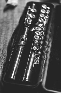 Bir müzik çantasının siyah beyaz portresi. Parçalamak için valfleri olan metal bir flüt. Bir flütçü ya da müzisyen tarafından çalınması için enstrümanın monte edilmesi gerekecek..