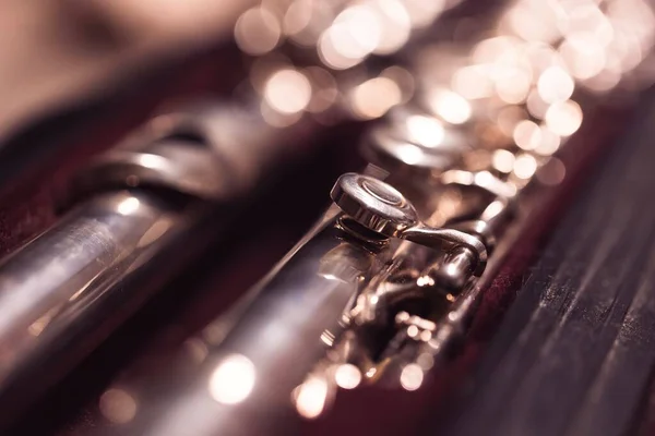 Retrato Cerca Una Caja Música Con Una Flauta Metal Plateado —  Fotos de Stock