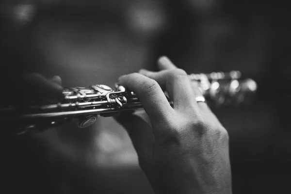 Ein Schwarz Weiß Porträt Der Finger Eines Flötenspielers Der Auf — Stockfoto