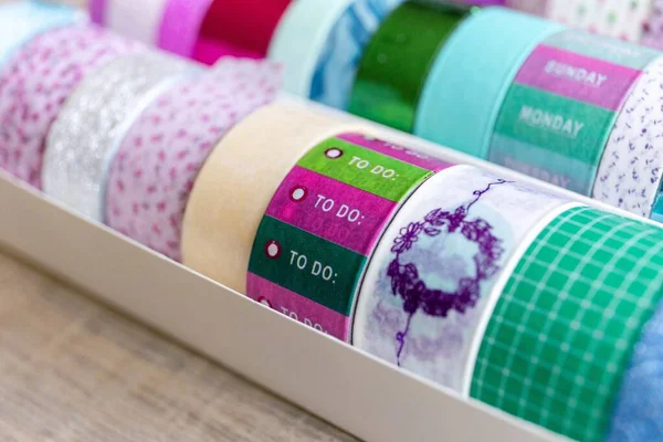 Box Full Colorful Rolls Washi Tape Having Different Colors Textures — Stock Photo, Image