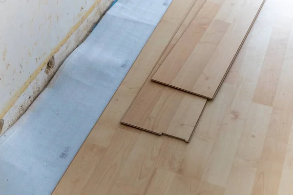 Portrait Stacked Pile Wood Imitation Laminate Floorboards Lying Some Sound — Stock Photo, Image