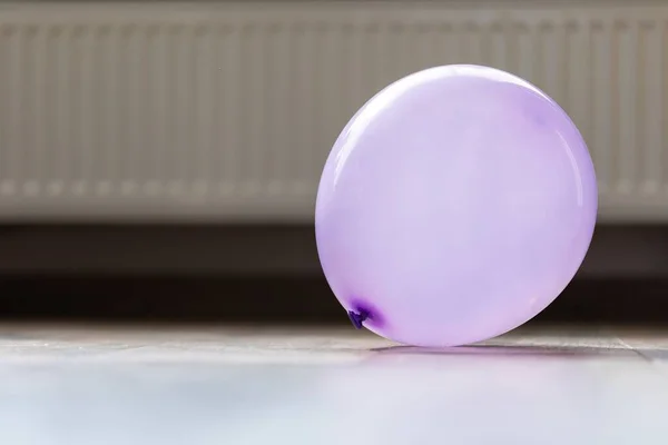 A portrait of a purple balloon lying on a floor in a house. The decoration item is blown up and ready to be played with by children or adults and use to celebrate a birthday party or anniversary.