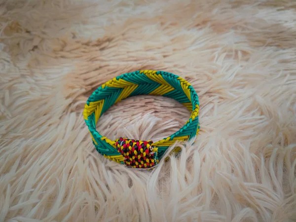 Woven Wooden Bracelet Hipster Fashion Wool Carpet Background — Stock Photo, Image