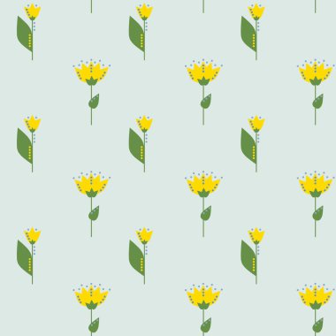 Çiçek açan çayır bitkilerinden ve tarla çiçeklerinden oluşan dikişsiz desenler. Son moda düz tarzda soyut botanik arka plan. Çizgi film botanik modelini tekrar et. Düz retro ile basit şirin doğa motifi