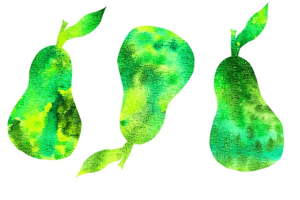 Issız bir suluboya tarzında egzotik yeşil armutlar. Aquarelle siluetleri arka plan, doku, ambalaj deseni veya menü için. Metin ve tasarımınız için boşluk ile suluboya soyutlaması ayarlandı. 