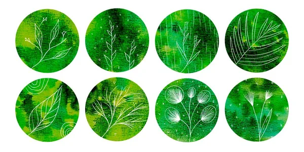 Collection of rainbow colorful circles with botanical pattern. Set of abstract watercolor circles design with space for text and your design. Round highlight backgrounds for social media stories