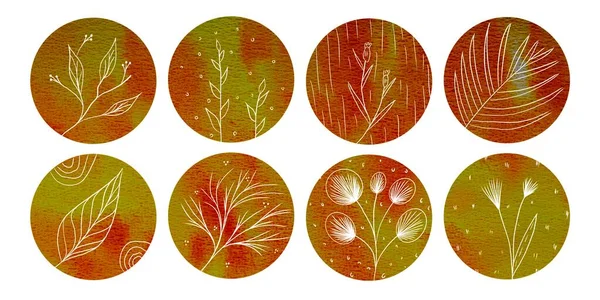 Collection of yellow and orange colorful circles with botanical pattern. Set of abstract watercolor circles design with space for text and your design. Round highlight backgrounds for social media