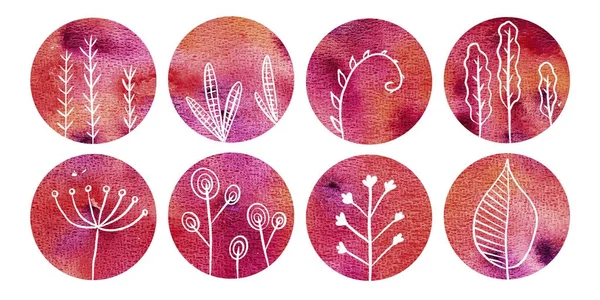 Collection of red colorful circles with botanical pattern. Set of abstract watercolor circles design with space for text and your design. Round highlight backgrounds for social media stories, story