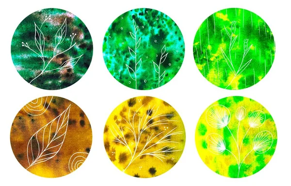 Collection of colorful circles with botanical pattern. Set of abstract watercolor circles design with space for text and your design. Round highlight backgrounds for social media stories, story